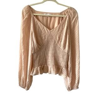 DR2 Daniel Rainn Blouse Size Medium Tan Nude Ruching Balloon Sleeves